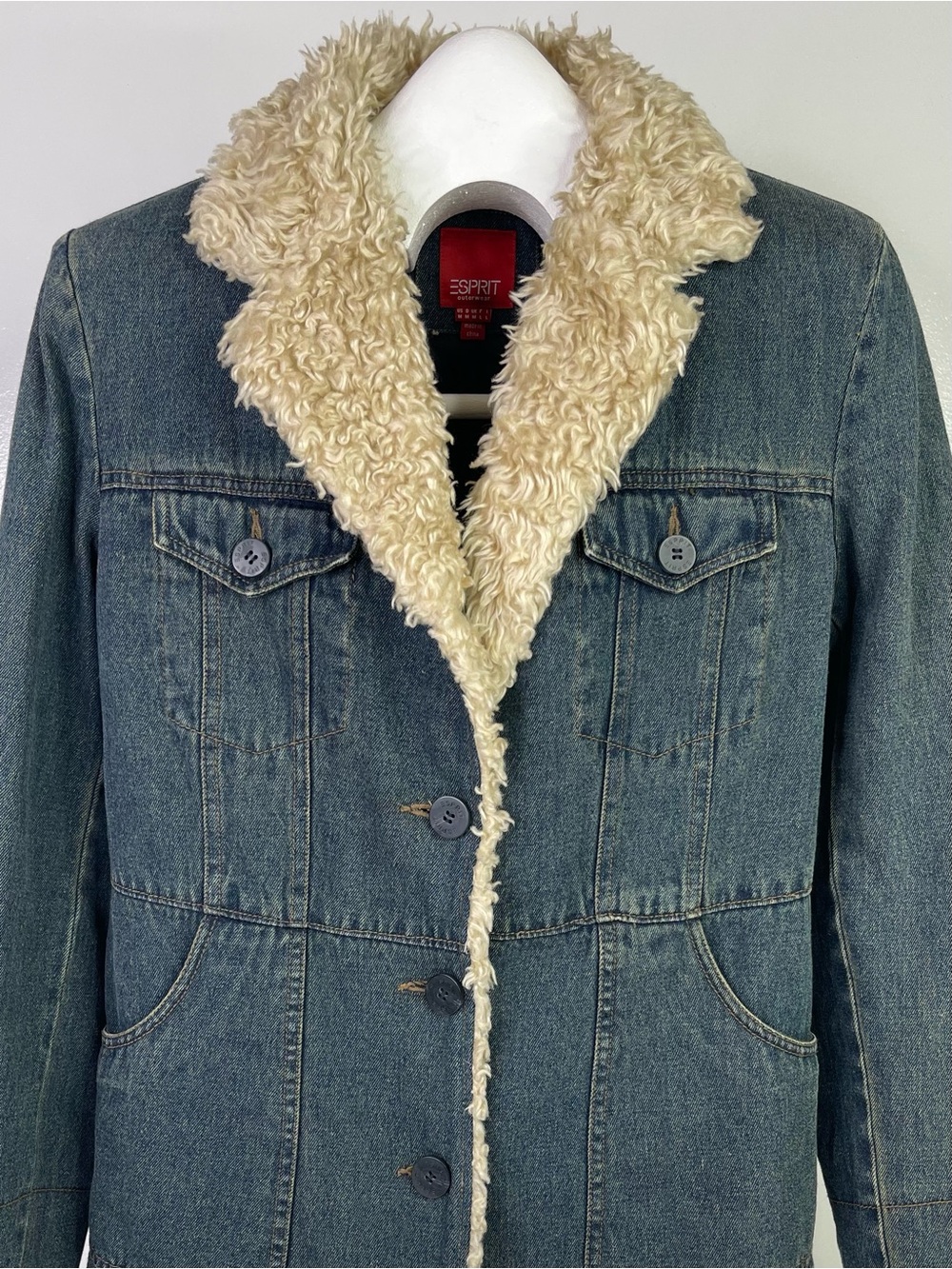 Esprit Denim Jacket Womens Medium Sherpa Faux Fur Collar Dark Wash Truc